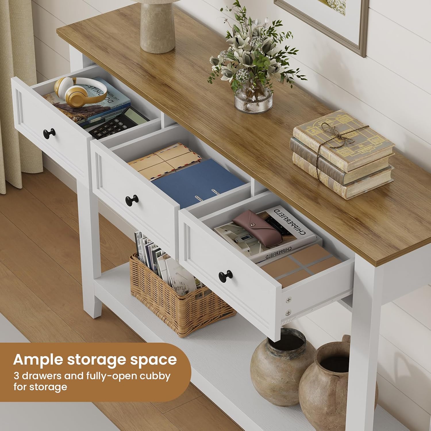 White Narrow Console Table With Three Drawers