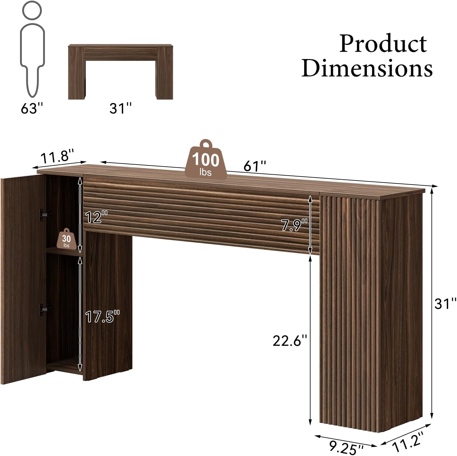 Fluted Long Console Table With Storage Cabinets
