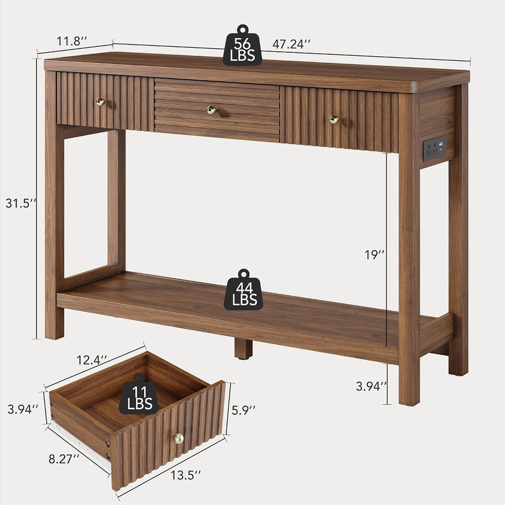 Fluted Console Table With Drawers Charging Station