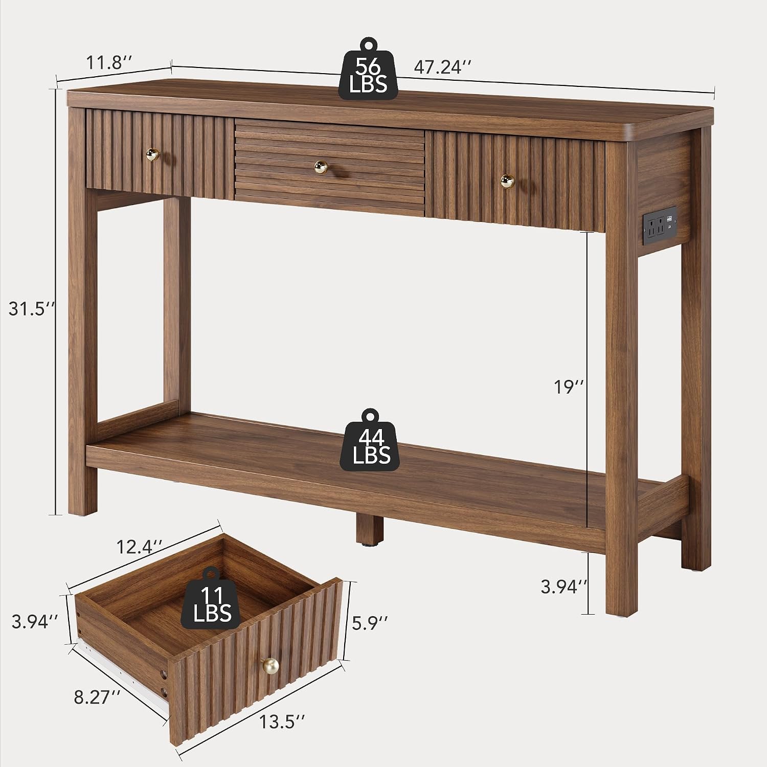 Fluted Console Table With Drawers Charging Station