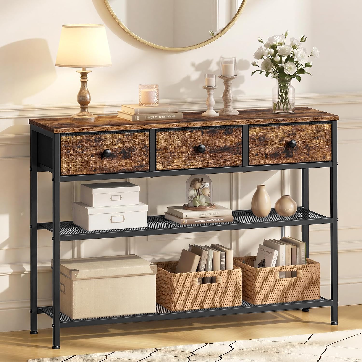 Narrow Entryway Console Table With Fabric Drawers