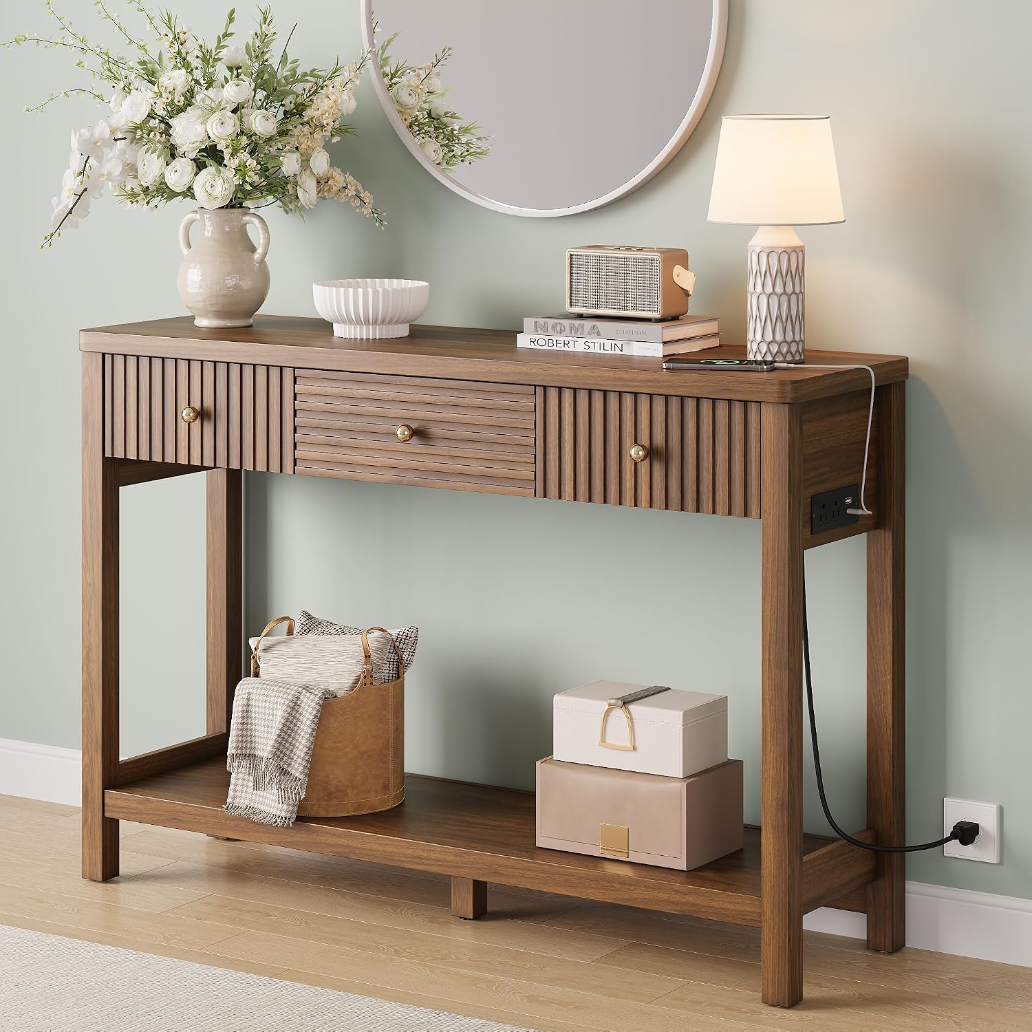 Fluted Console Table With Drawers Charging Station