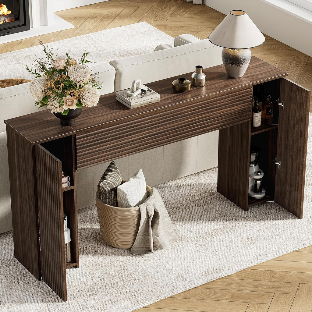 Fluted Long Console Table With Storage Cabinets