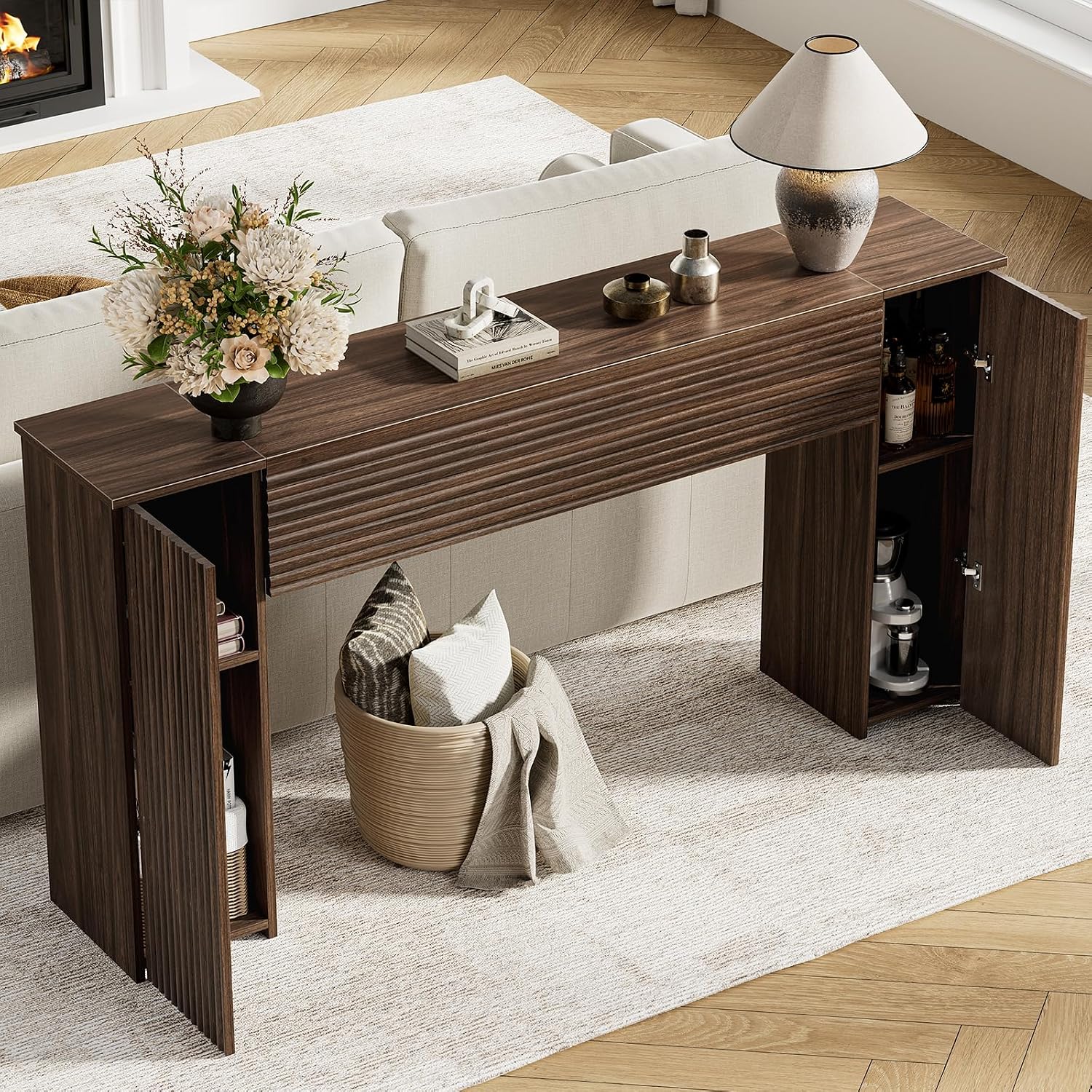 Fluted Long Console Table With Storage Cabinets