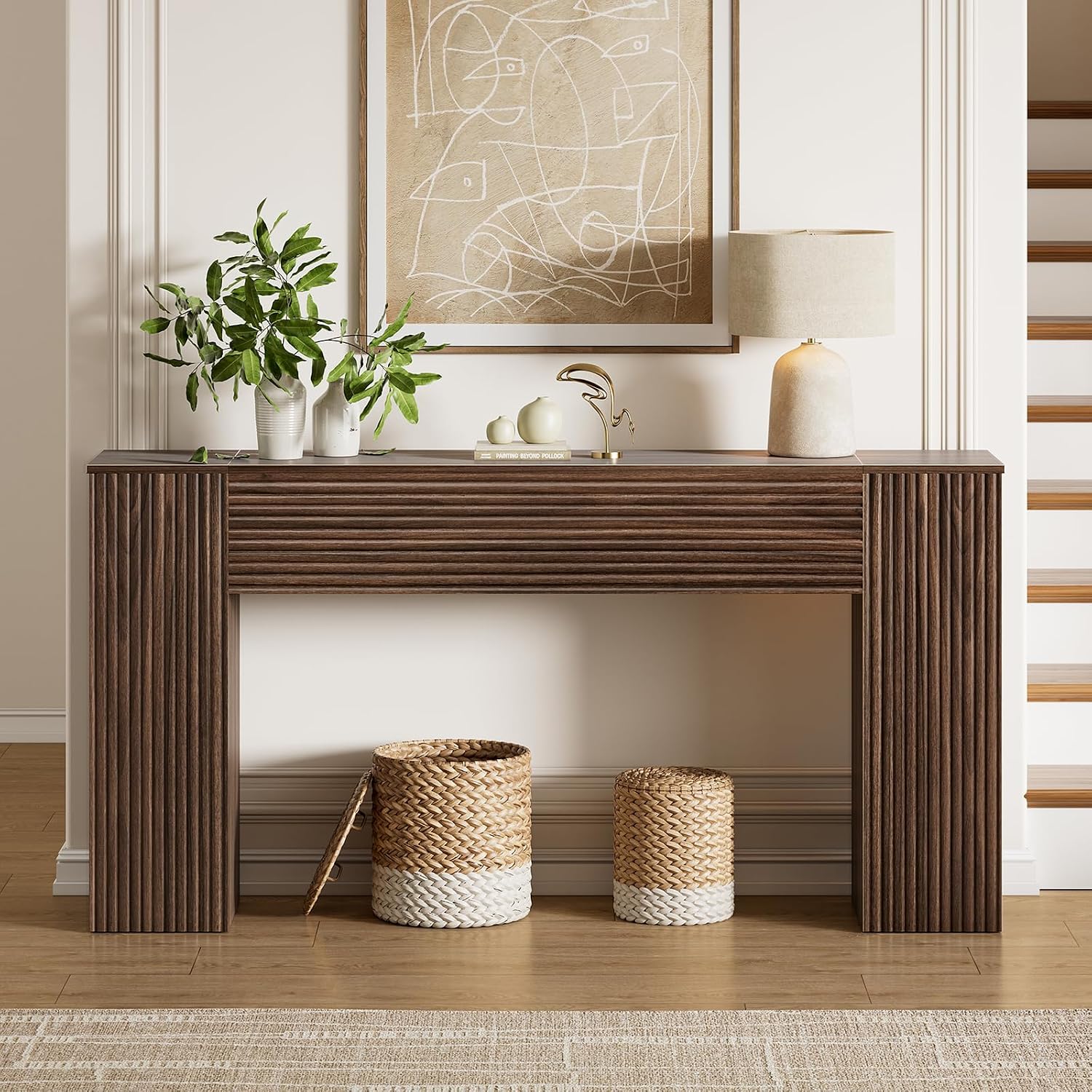 Fluted Long Console Table With Storage Cabinets