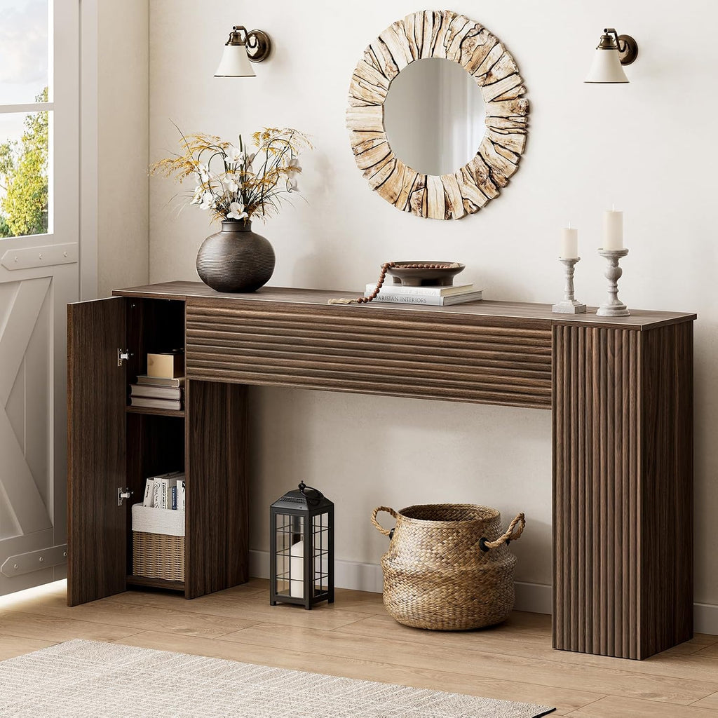 Fluted Long Console Table With Storage Cabinets
