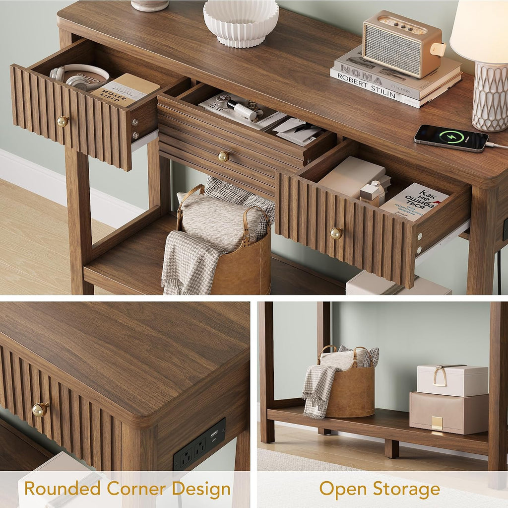Fluted Console Table With Drawers Charging Station