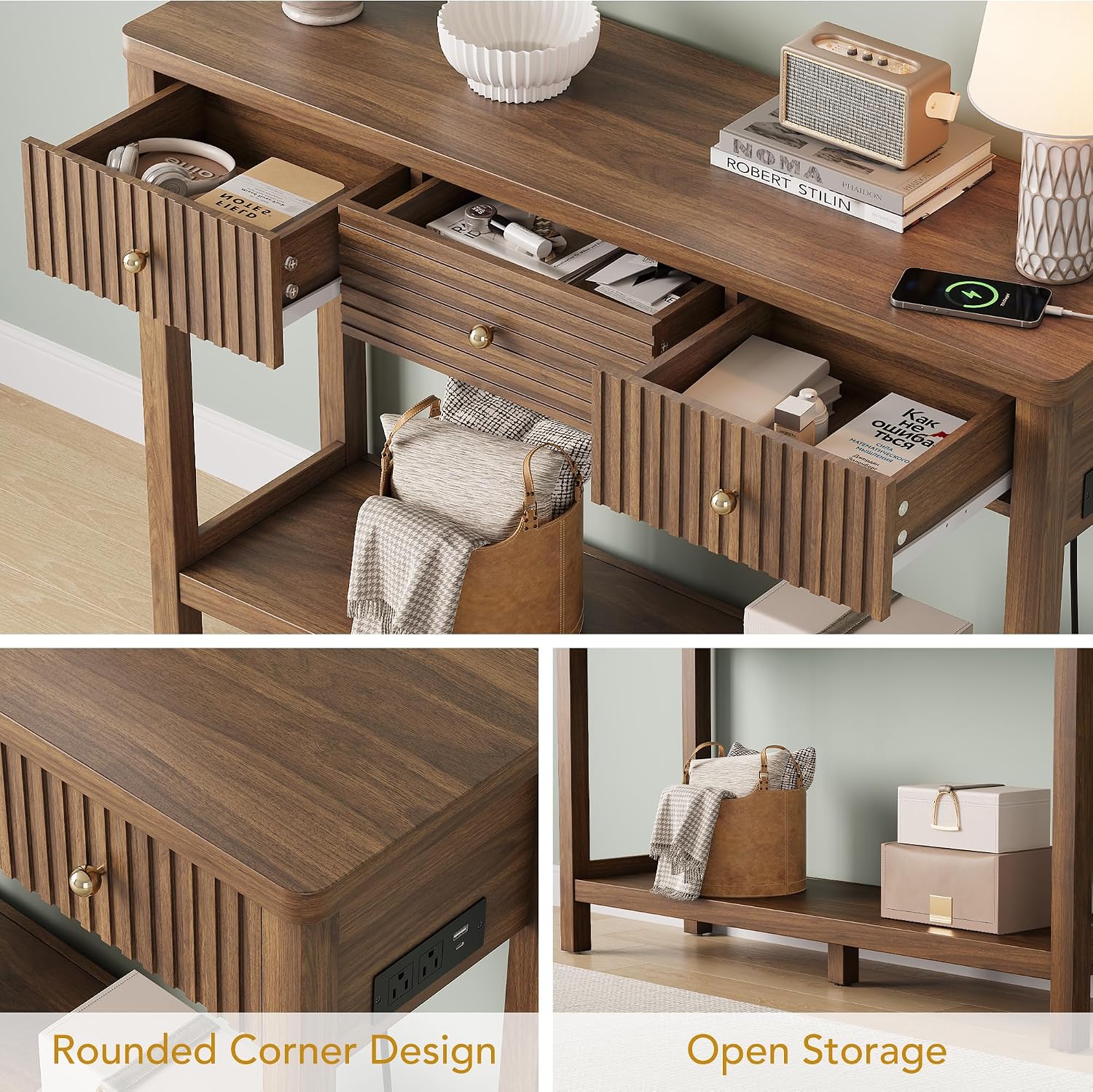 Fluted Console Table With Drawers Charging Station
